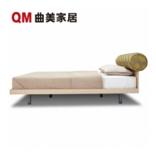 QM曲美家居 布艺双人床可拆洗 海绵软包板木床头钢网床架简约现代北欧风卧室家具 橡木色 1.8*2.0